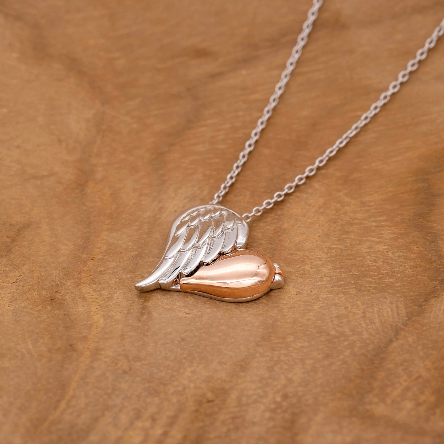 Halskette 925er Silber Medaillon Herzflügel Bicolor