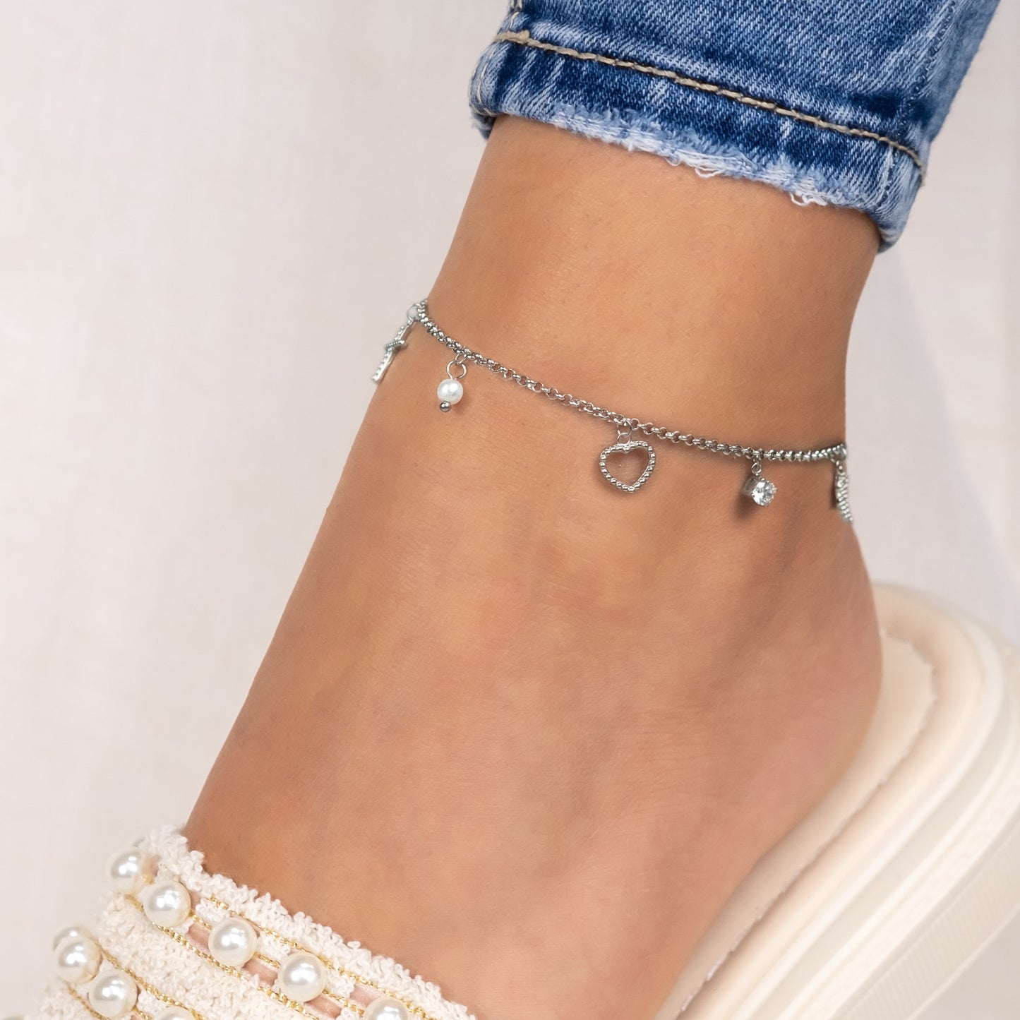 Fußkette Edelstahl Glaube Liebe Hoffnung mit Perle und Zirkonia