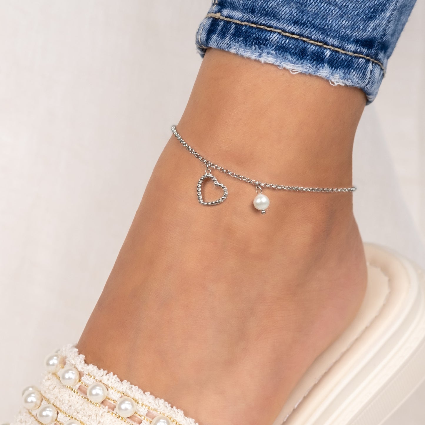 Fußkette Edelstahl Herz mit Perle