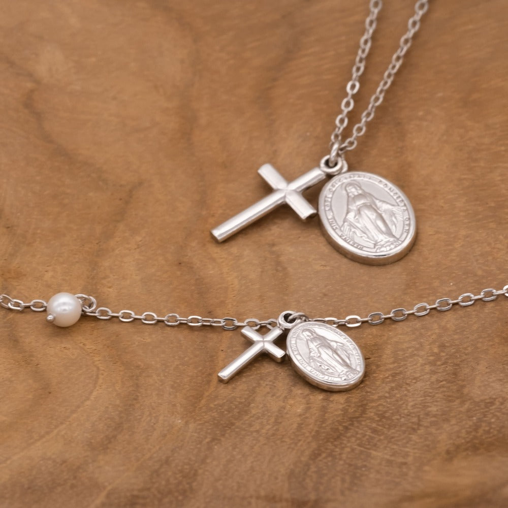 Halskette 925er Silber Kreuz Maria mit Perle