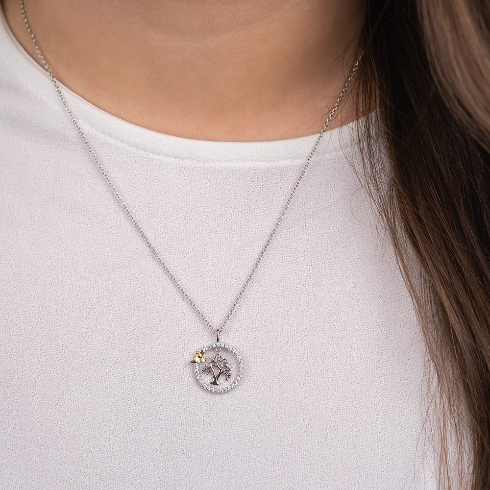 Halskette 925er Silber Lebensbaum Vogel Bicolor mit Zirkonia