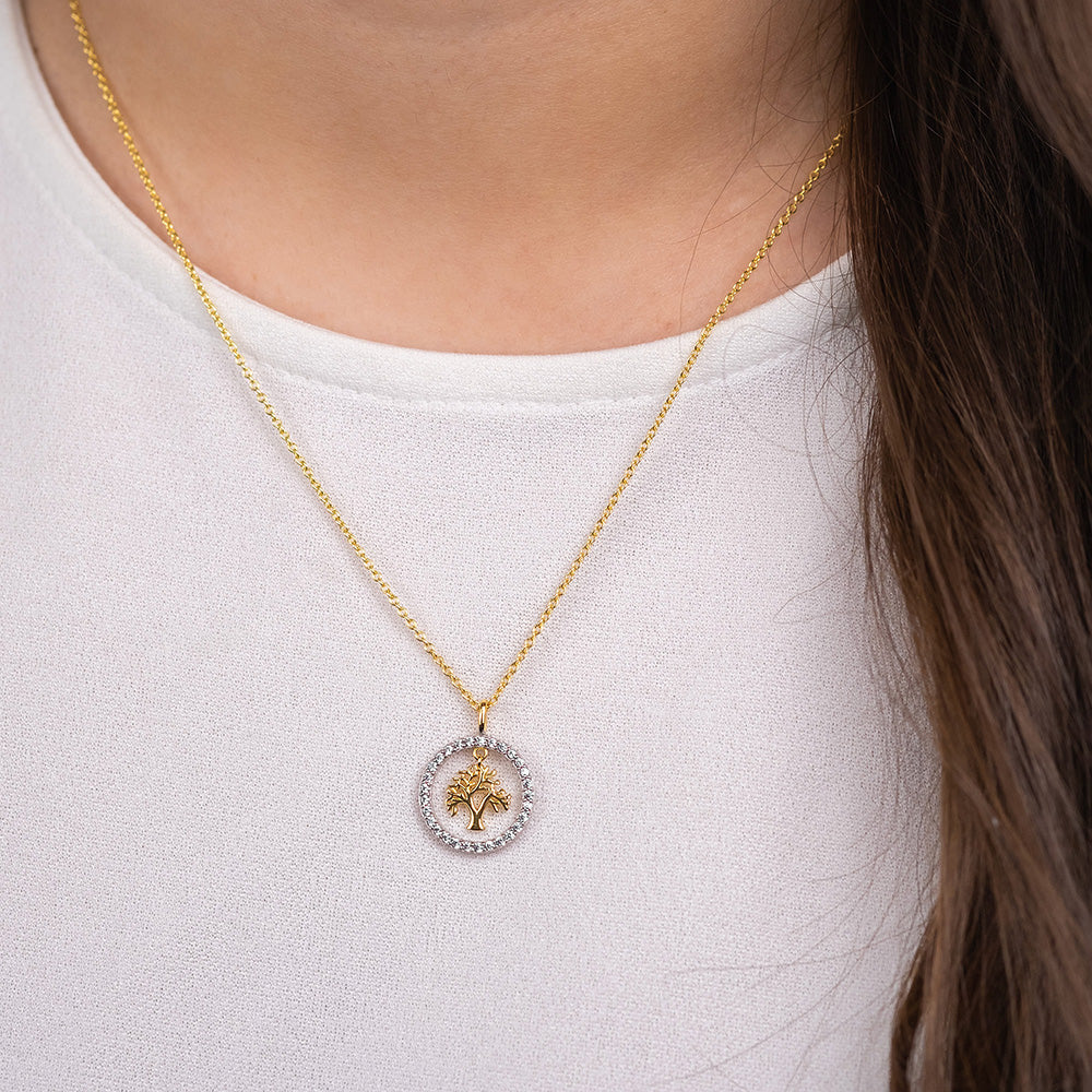 Halskette 925er Silber Lebensbaum Bicolor mit Zirkonia