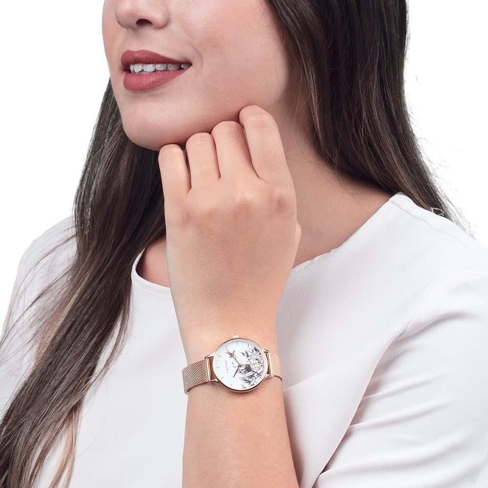 Uhr Edelstahl Blume Roségold mit Edelstahl Mesh-Band Roségold