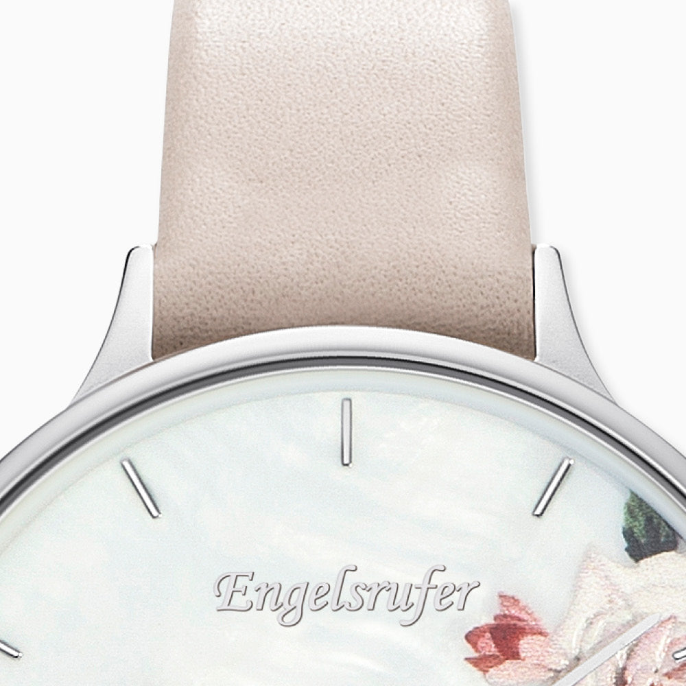 Uhr Edelstahl Blume mit Lederband Beige