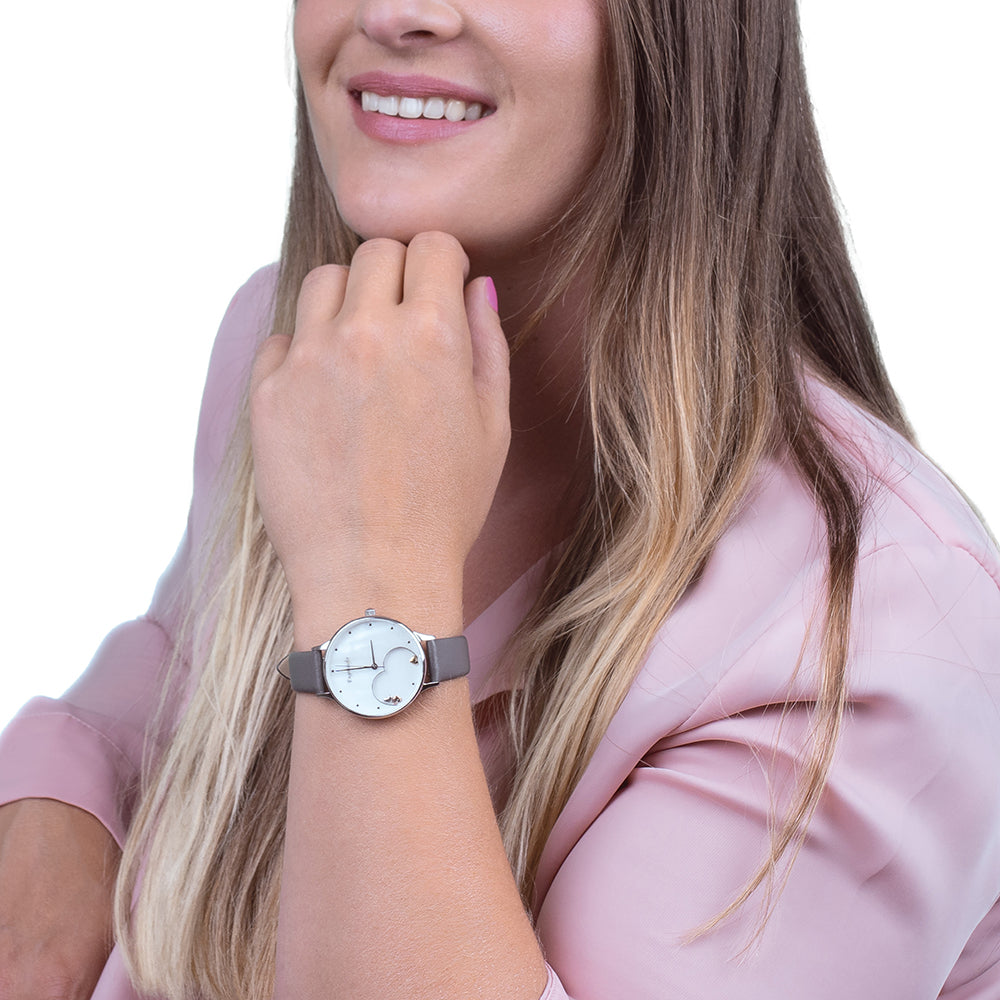 Uhr Edelstahl Herzen Tricolor mit Nubuk Lederband Grau