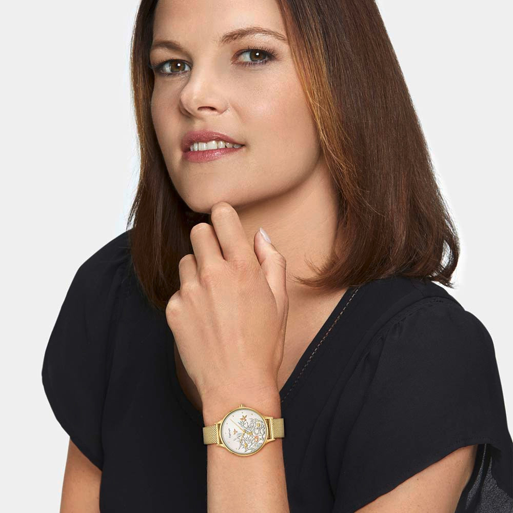 Uhr Edelstahl Lebensbaum mit Mesh-Band Gold