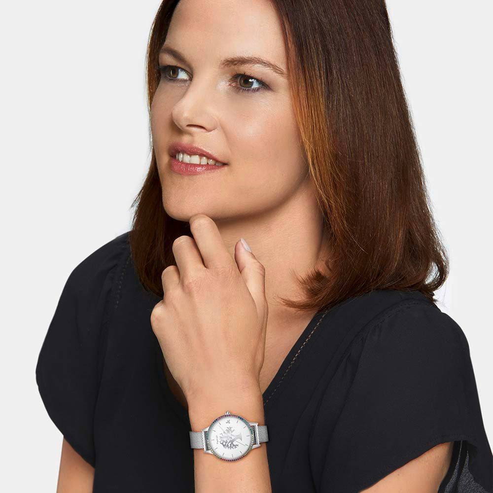 Uhr Edelstahl Lebensbaum mit Zirkonia Multicolor und Edelstahl Mesh-Band
