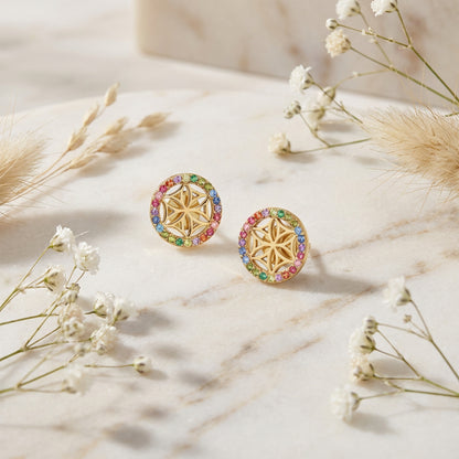 Ohrstecker 925er Silber Lebensblume Gold mit Zirkonia Multicolor