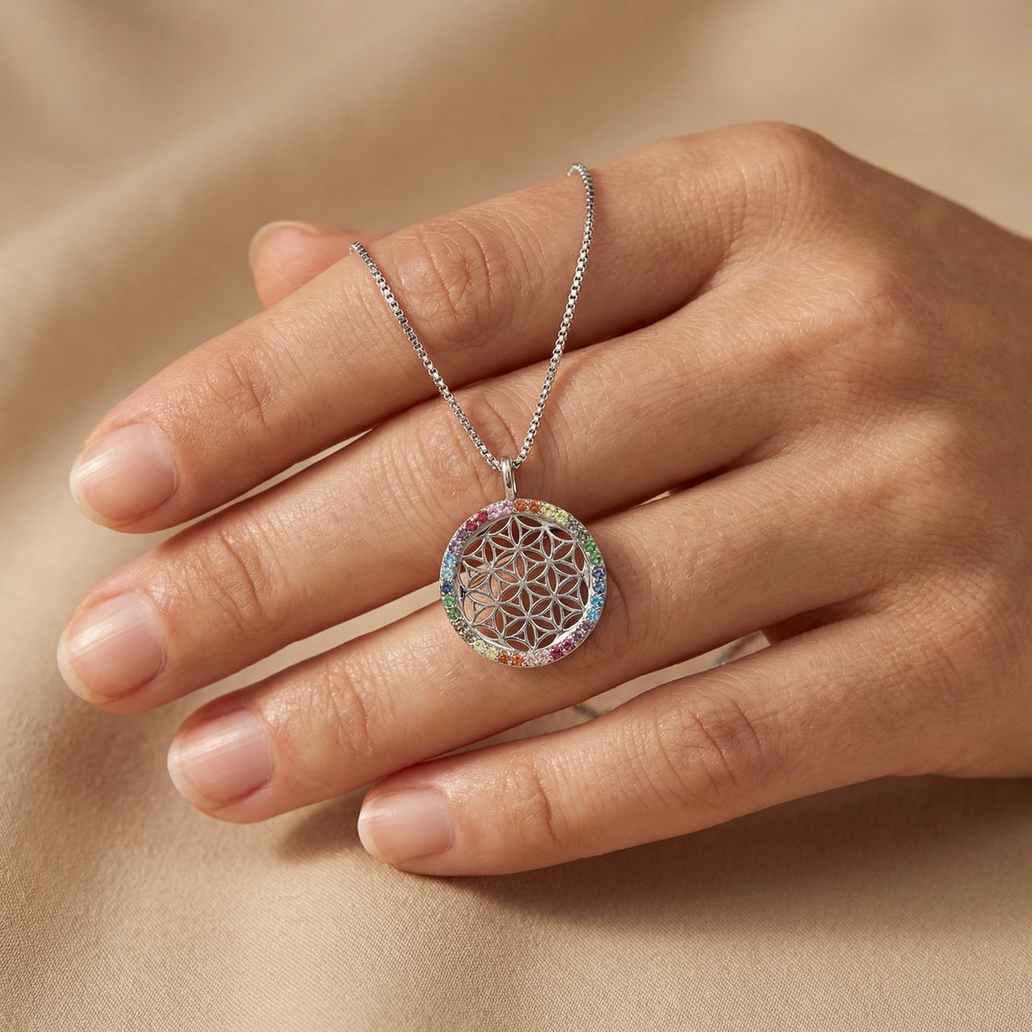 Halskette 925er Silber Lebensblume mit Zirkonia gold · multicolor