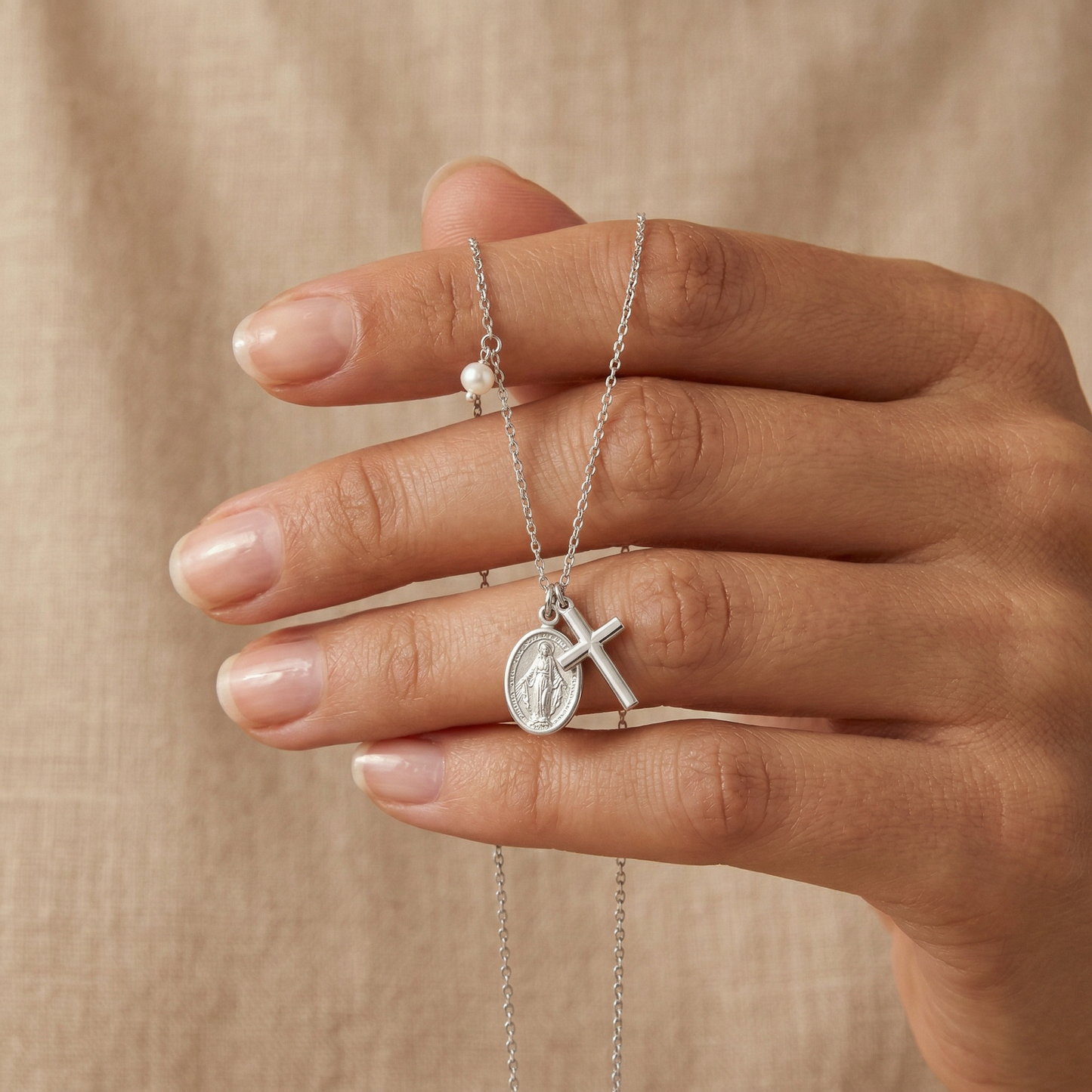 Halskette 925er Silber Kreuz Maria mit Perle