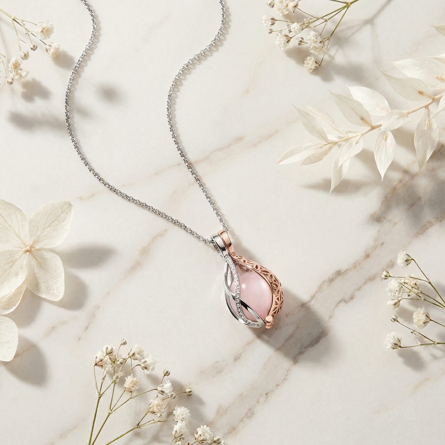 Halskette 925er Silber Himmelsträne Bicolor mit Kraftstein Rosenquarz und Zirkonia