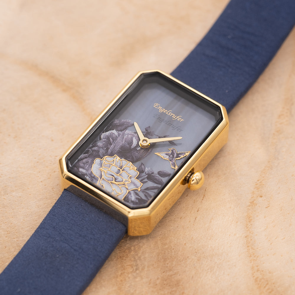 Uhr Edelstahl Blume Gold mit Nubuk Lederband Nachtblau