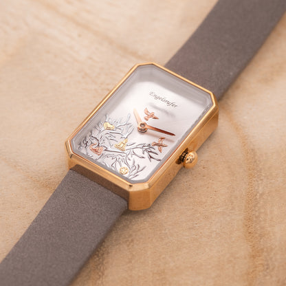 Uhr Edelstahl Lebensbaum Rosé mit Nubuk Lederband Grau