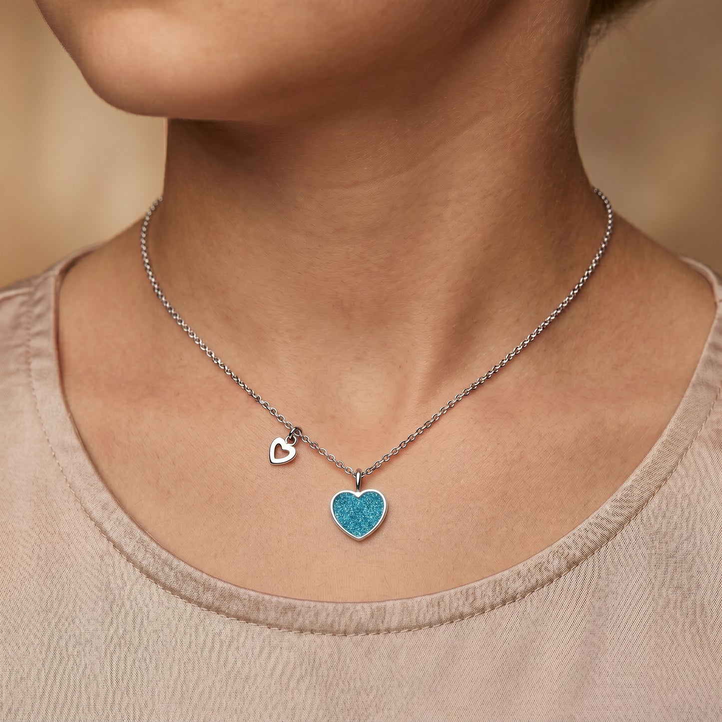 Kinder Halskette Edelstahl Glitzerherz mit Emaille in blau