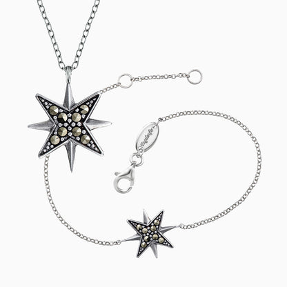Set necklace and bracelet star, 16 marcasite, silver