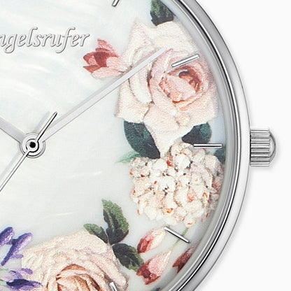 Engelsrufer Damen-Uhr analog Blume silber mit Lederband in beige