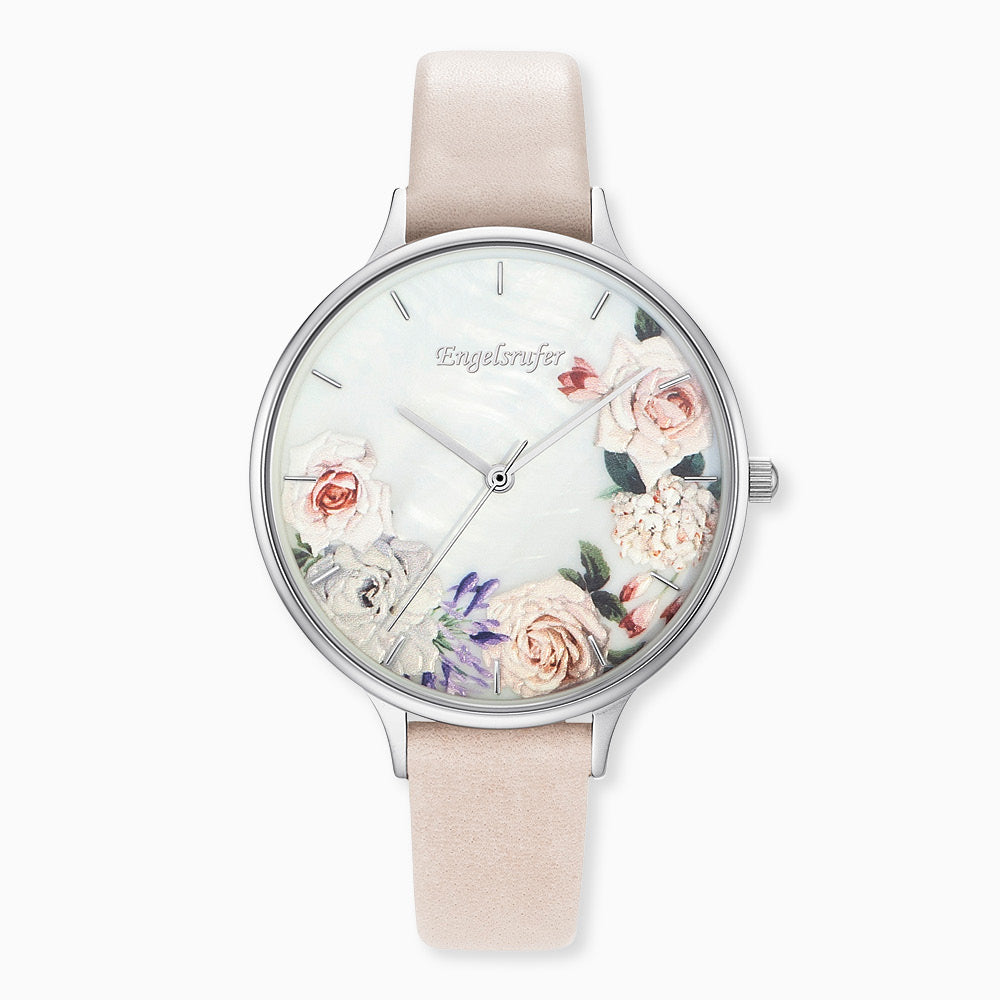 Engelsrufer Damen-Uhr analog Blume silber mit Lederband in beige