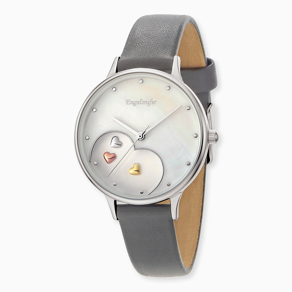 Engelsrufer watch analog silver with hearts and gray nubuck leather bracelet