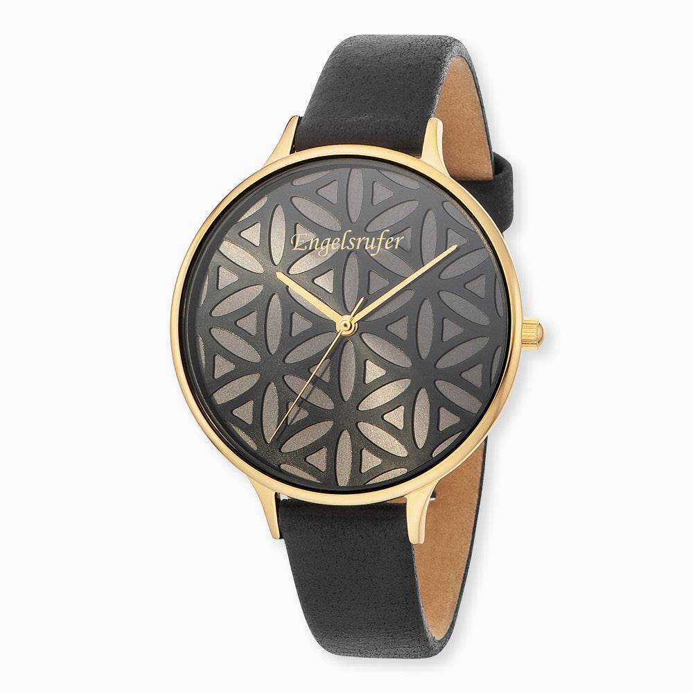 Engelsrufer women's watch analog flower of life gold with black leather strap