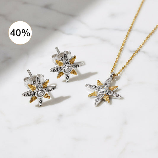 2er Schmuckset 925er Silber Halskette Ohrstecker Newstar